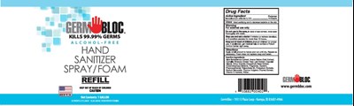GERM BLOC®KILLS 99.99% GERMSALCOHOL-FREEHAND SANITIZER SPRAY/FOAMREFILLNet Contents: 1 GALLON - germ bloc hand sanitizer spray 02