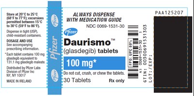 daurismo-06.jpg PRINCIPAL DISPLAY PANEL - 100 mg Tablet Bottle Label - daurismo 06