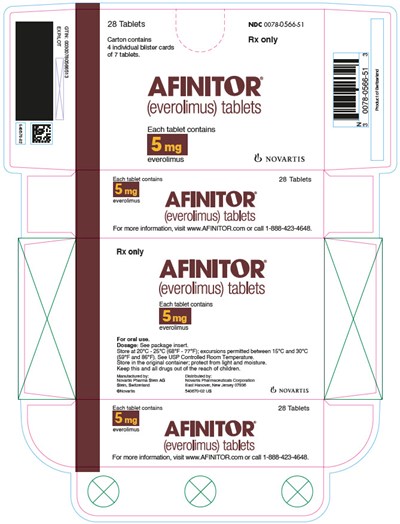 PRINCIPAL DISPLAY PANEL							NDC 0078-0566-51							Rx only							28 Tablets							Carton contains 4 individual blister cards of 7 tablets.							AFINITOR®							(everolimus) tablets							Each tablet contains 5 mg everolimus							NOVARTIS - afinitor 05