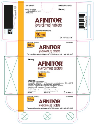 PRINCIPAL DISPLAY PANEL							NDC 0078-0567-51							Rx only							28 Tablets							Carton contains 4 individual blister cards of 7 tablets.							AFINITOR®							(everolimus) tablets							Each tablet contains 10 mg everolimus							NOVARTIS - afinitor 06