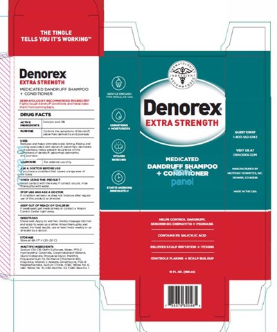 denorex-extra-strength-with-conditioner-01.jpg PRINCIPAL DISPLAY PANELDenorex EXTRA STRENGTHMEDICATEDDANDRUFF SHAMPOO+ CONDITIONERHELPS CONTROL DANDRUFF,SEBORRHEIC DERMATITIS + PSORIASISCONTAINS 3% SALICYLIC ACIDRELIEVES SCALP IRRITATION+ ITCHINGCONTROLS FLAKING + SCALP BUILDUP10 FL OZ. (296 ml) - denorex extra strength with conditioner 01