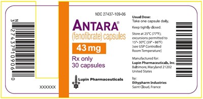 e5b0aeca-10d8-41df-a685-53b8edf41e0a-03.jpg NDA 27437-109-06ANTARA(fenofibrate) capsules43 mgRx only30 capsulesLupin Pharma - e5b0aeca 10d8 41df a685 53b8edf41e0a 03