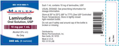 lamivudine-04.jpg PRINCIPAL DISPLAY PANELNDC 10135-0605-71MarlexLamivudineOral Solution, USP10 mg per 1 mLRx Only240 mL ( 8 ounces) - lamivudine 04