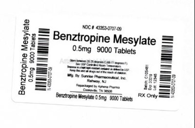 Image of the Benztropine Mesylate Tablets, USP 0.5 mg 9000 Tablets label. - 43353 707 09