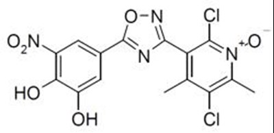 ongentys-01.jpg ONGENTYS contains opicapone, a peripheral, selective and reversible catechol-O-methyltransferase (COMT) inhibitor. The chemical name of opicapone is 2,5-dichloro-3-(5-(3,4-dihydroxy-5-nitrophenyl)-1,2,4-oxadiazol-3-yl)-4,6-dimethylpyridine-1-oxide with the following structure: - ongentys 01