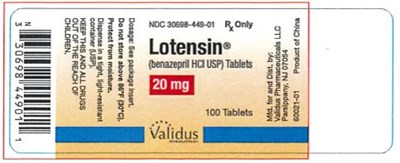 NDC 30698-449-01Lotensin(benazepril HCI USP)20 mg100 TabletsRx Only - lotensin 03