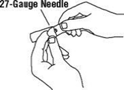 8.	Open The Wrapper That Contains The 27 Gauge Needle By Peeling Apart The Tabs And Set The Needle Aside For Later Use.  The 27 Gauge Needle Will Be Used To Inject The Dose. (Enbrel 33)
