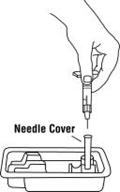 16.	Remove The Syringe And Needle From The Enbrel Vial.  Keep The Needle Attached To The Syringe And Insert The 25 Gauge Needle Straight Down Into The Needle Cover In The Enbrel Dose Tray. (Enbrel 3b)