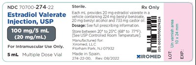 estradiol-valerate-injection-usp-20mg-vial-label.jpg Estradiol valerate injection, USP 20 mg/mL - NDC 70700-274-22- Vial Label - estradiol valerate injection usp 20mg vial label