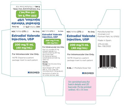 estradiol-valerate-injection-usp-40mg-carton-label.jpg Estradiol valerate injection, USP 40 mg/mL - NDC 70700-275-22 - Carton Label - estradiol valerate injection usp 40mg carton label