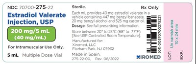 estradiol-valerate-injection-usp-40mg-vial-label.jpg Estradiol valerate injection, USP 40 mg/mL - NDC 70700-275-22 - Vial Label - estradiol valerate injection usp 40mg vial label