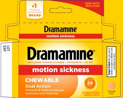 Principal Display Paneldramamine®meclizine Hydrochloride | Antiemetic | 25 mgmotion Sicknesschewabledual Action:prevents &amp; Relieves Nausea,dizziness And Vomiting8 Orange-flavored Chewable Tablets (Dramamine Chewable Orange   Meclizine   63029 915 01)