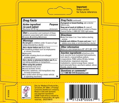 Principal Display Paneldramamine®meclizine Hydrochloride | Antiemetic | 25 mgmotion Sicknesschewabledual Action:prevents &amp; Relieves Nausea,dizziness And Vomiting8 Orange-flavored Chewable Tablets (Dramamine Chewable Orange   Meclizine   63029 915 02)