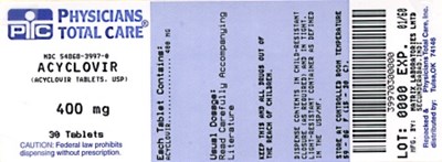 Acyclovir Tablets 400 mg Bottles - 3997