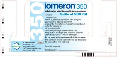 UK-Iomeron-350-500ml-label.jpg Iomeron 350 Vial 500 mL - UK Iomeron 350 500ml label