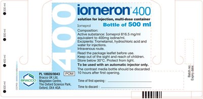 UK-Iomeron-400-500ml-label.jpg Iomeron 400 Vial 500 mL - UK Iomeron 400 500ml label