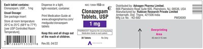 clonazepam-tablets-1mg-30s.jpg Clonazepam Tablets USP, 1 mg - NDC 72888-153-30 - 30 Tablets Label - clonazepam tablets 1mg 30s