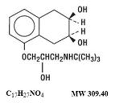 Nadolol tablets, USP is a synthetic nonselective beta-adrenergic receptor blocking agent designated chemically as 1- (tert-butyl - amino) -3- [(5,6,7,8-tetrahydro-cis-6,7 -dihydroxy -1-naphthyl) oxy] -2-propanol. Structural formula: - nadolol tablets 01