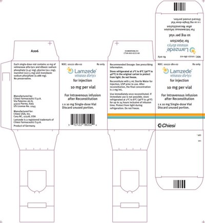 PRINCIPAL DISPLAY PANELPrinciple Display Panel – 1 Vial CartonNDC 10122-180-02Rx onlyLamzede®  velmanasealfa-tycvfor injection10 mg per vialFor Intravenous infusion after Reconstitution 1 x 10mg Single-dose VialDiscard unused portion. - lamzede velmanase alfa tycv 01