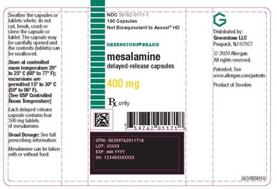 mesalamine-delayed-release-capsules-03.jpg PRINCIPAL DISPLAY PANELNDC 59762-0117-1180 CapsulesMesalaminedelayed-release capsules400 mgRx Only - mesalamine delayed release capsules 03