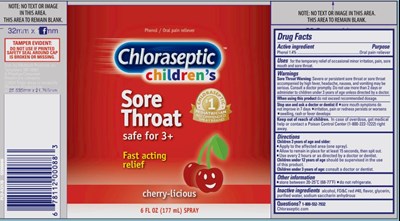 chloraseptic-childrens-sore-throat-spray-cherry-01.jpg Chlorasepticchildren’sSore Throatsafe for 3+Fast acting reliefcherry-licious6 FL OZ (177 mL) SPRAY - chloraseptic childrens sore throat spray cherry 01