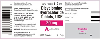 Dicyclomine Hydrochloride Tablets ,usp 20 mg (NDC 72888-119-00)