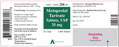 metoprolol-tartrate-tabs-25mg-1000-tablets-bottle-label.jpg Metoprolol Tartrate Tablets, USP 25 mg - NDC 72888-208-00 - 1000s Bottle Label - metoprolol tartrate tabs 25mg 1000 tablets bottle label