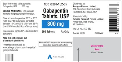 gabapentin-tabs-800mg-500s-label.jpg Gabapentin Tablets 800 mg - NDC 72888-132-30 - 30 Tablets Label - gabapentin tabs 800mg 500s label