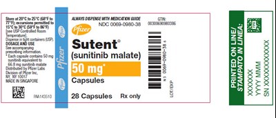 sutent-10.jpg PRINCIPAL DISPLAY PANEL - 50 mg Capsule Bottle Label - sutent 10