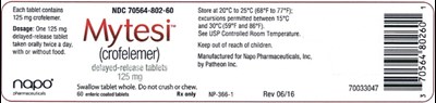 Principal Display Panelndc 70564-802-60 Mytesi (crofelemer) Delayed-release Tablets 125 mg Swallow Tablet Whole. Do Not Crush Or Chew. 60 Enteric Coated Tablets Rx Only (Mytesi 03)