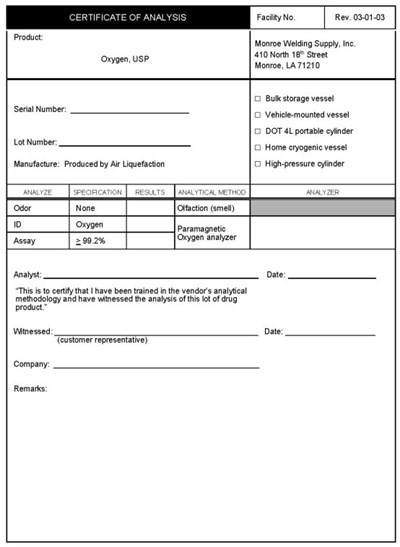 Oxygen, Certificate Of Analysis (Mws 4)