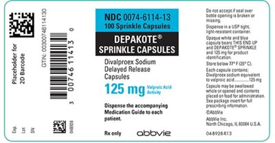 NDC 0074–6114–13 100 Sprinkle Capsules DEPAKOTE® SPRINKLE CAPSULES Divalproex Sodium Delayed Release Capsules 125 mg Valproic Acid Activity Dispense the accompanying Medication Guide to each patient. Rx only abbvie - depakote sprinkle capsules spl 08