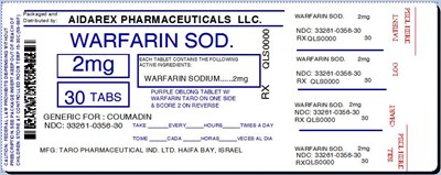 IMAGE LABEL - warfarin sod  1mg 2mg 5mg tab for taro 3