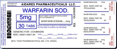 IMAGE LABEL - warfarin sod  1mg 2mg 5mg tab for taro 4