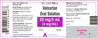 Valsartan Oral Solution 120ml, Ndc-72888-184-13-container Label (Valsartan Oral Solution 120ml Label)
