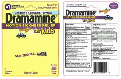 Children’s Chewable FormulaDramamine ®  Dimenhydrinate 25 mg/ Antiemetic8 Chewable Tablets		Travel case - dramamine tablets chewable for kids 01