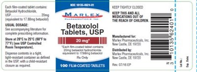Principal Display Panelndc 10135-0624-01marlexbetaxololtablets, Usp20 mg100 Film Coated Tabletsrx Only (Betaxolol Tablets Usp Film Coated 05)