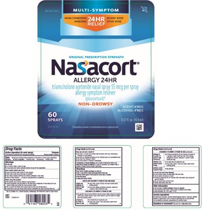 nasacort-allergy-24hr-01.jpg NDC 41167-5800-3Multi-SymptomNasal Allergy SprayNasacort Allergy 24HRtriamcinolone acetonide nasal spray 55 mcg per sprayallergy symptom reliever(glucocorticoid)*0.37 fl. oz. (10.8 ml) 60 Sprays*Triamcinolone acetonide is a steroid medicineknown as a glucocorticoid. - nasacort allergy 24hr 01