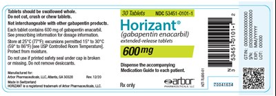 horizant-05.jpg PRINCIPAL DISPLAY PANEL - 600 mg Bottle Label - horizant 05