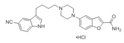 The structural formula for Vilazodone HCl is 2-benzofurancarboxamide, 5-[4-[4-(5-cyano-1H-indol-3-yl)butyl]-1-piperazinyl]-, hydrochloride (1:1). Its molecular weight is 477.99. - viibryd 01