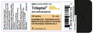 trileptal-07.jpg PRINCIPAL DISPLAY PANELPackage Label – 300 mgRx Only NDC 0078-0337-05Trileptal® (oxcarbazepine)100 tabletsPHARMACIST: DISPENSE WITH MEDICATION GUIDE ATTACHED OR PROVIDED SEPARATELY. - trileptal 07