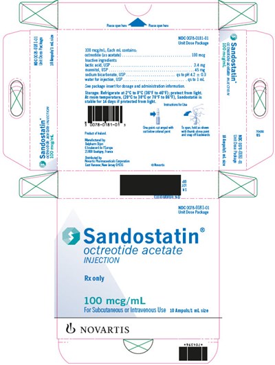 PRINCIPAL DISPLAY PANELPackage Label – 100 mcg/mLRx Only		NDC 0078 0181 01Sandostatin Injectionoctreotide acetate100 mcg/mL (0.1 mg/mL) - sandostatin 04