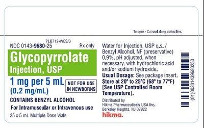glycopyrrolate-injection-5.jpg NDC 0143-9680-25 Rx only Glycopyrrolate Injection, USP 1 mg/5 mL (0.2 mg/mL) NOT FOR USE IN NEWBORNS CONTAINS BENZYL ALCOHOL FOR IM OR IV ADMINISRATION 25 x 5 mL Multiple Dose Vials - glycopyrrolate injection 5
