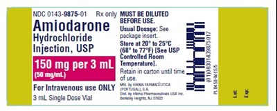 NDC 0143-9875-01 AMIODARONE HYDROCHLORIDE INJECTION 150 mg/3 mL (50 mg/mL) FOR IV USE ONLY Rx ONLY 3 mL Single Dose Vial MUST BE DILUTED BEFORE USE. USUAL DOSAGE: See package insert. Store at 20º to 25ºC (68º to 77ºF) [See USP Controlled Room Temperature]. Retain in carton until time of use. - amiodarone hcl injection 2