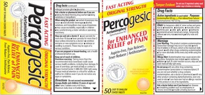 PRINCIPAL DISPLAY PANELFAST ACTING ORIGINAL STRENGTHPercogesic®Acetaminophen/Diphenhydraminefor ENCHANCEDRELIEF of PAINAspirin-Free, Pain Reliever,Fever Reducer/ AntihistamineSee new warnings information.90 EASY TO SWALLOW COATED TABLETS - percogesic original 63029 053 01