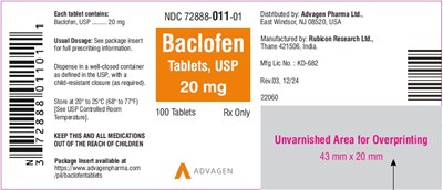 Ndc 72888-011-01 (Baclofen Tablets, USP 20 mg)