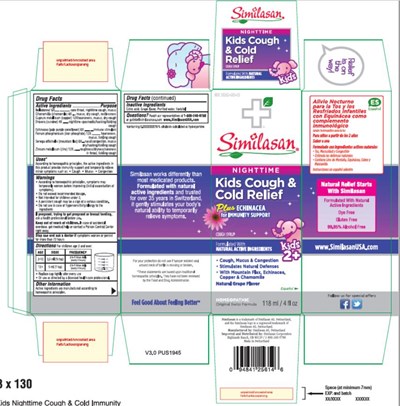 kids-cough-and-cold-relief-plus-echinacea-nighttim-01.jpg PRINCIPAL DISPLAY PANELNDC 59262-265-25Similasan®NIGHTTIMEKids Cough &Cold ReliefPlus ECHINACEAfor IMMUNITY SUPPORTCOUGH SYRUP118 ml / 4 fl oz - kids cough and cold relief plus echinacea nighttim 01