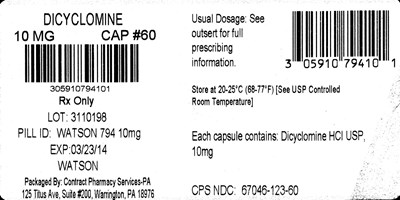 dicyclomine-hcl-caps-and-tabs-2.jpg NDC 0591-0794-01 Dicyclomine HCl Capsules USP 10 mg Watson 100 Capsules Rx only Each capsule contains: Dicyclomine HCl USP, 10 mg Usual dosage: See package outsert for full prescribing information. Di - dicyclomine hcl caps and tabs 2