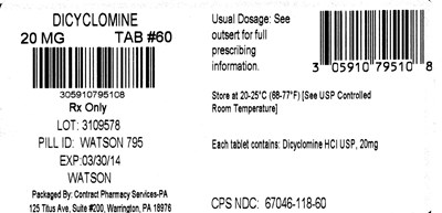 dicyclomine-hcl-caps-and-tabs-3.jpg NDC 0591-0795-01 Dicyclomine HCl Tablets USP 20 mg Watson 100 Tablets Rx only Each tablet contains: Dicyclomine HCl USP, 20 mg Usual dosage: See package outsert for full prescribing information. Dispe - dicyclomine hcl caps and tabs 3