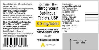 nitroglycerin-sublingual-tabs-usp-0pt3mg-container-label.jpg Nitroglycerin Sublingual Tablets, USP 0.3 mg - NDC 72888-138-01 - Container Label - nitroglycerin sublingual tabs usp 0pt3mg container label